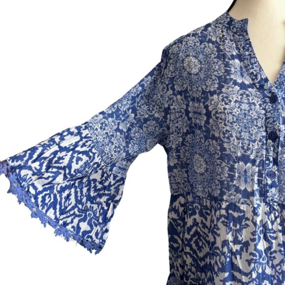 ORANGE FASHION VILLAGE, BEAUTIFUL BLUE/WHITE, BELL SLEEVE CROCHET TRIM DRESS - Picture 4 of 8